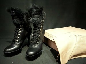 ★美品！ジャンヴィトロッシ Gianvito Rossi ショート 編み上げ ブーツ ファー 黒 38（24.5～25cm程度