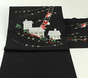 メリークリスマス　ハシゴサンタ刺繍 西陣織 高級九寸名古屋帯 黒