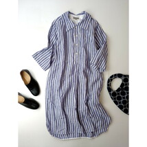 22SS MARGARET HOWELL マーガレットハウエル WIDE STRIPE LINEN ストライプ リネン ロング ワンピース ブルー 1_画像1