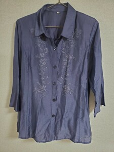 ７分袖　刺繍　シャツ　紫　11号　ロング丈　チュニック　Lサイズ