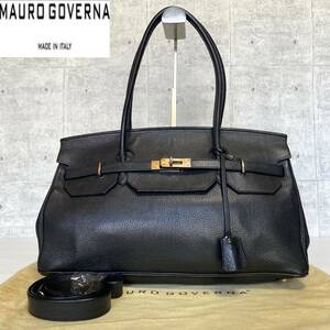 MAURO GOVERNA BLACK マウロゴヴェルナ マウロゴベルナ レザー 黒 ブラック 肩掛け シルバー金具 A4収納 ショルダー ハンドバッグ トート