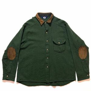 ビッグサイズ☆80s USA製 Woolrich ウールシャツ 深緑 茶色 ビンテージ エルボーパッチ レザー 襟レザー ウールリッチ 90s 本革 グリーン