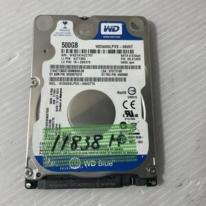 WesternDigital　使用時間：11838時間　2.5インチ 500GB 5400rpm 7mm厚　WD5000LPVX-08V0TT5