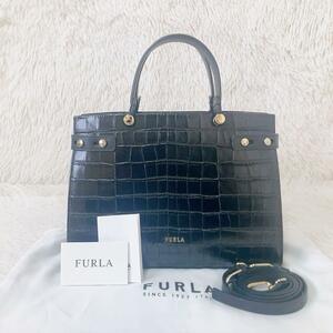 極美品FURLA LADY クロコ型押し 2way ショルダーバッグ 黒