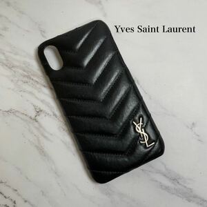 【320】 イヴ サンローラン Yves Saint Laurent iPhoneX 10 カバー スマホケース レザー キルティングデザイン ロゴプレート ブラック 黒