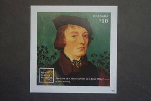 外国切手：グレナダ切手 「（世界の名画）ハンス・バルドゥング画〈バラの生け垣の前の男の肖像〉」小型シート 未使用