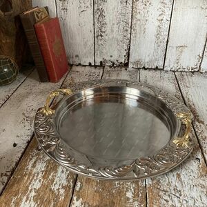 70-80s Vintage stainless steel round tray retro modern tray circle tray O-Bon distribution serving tray Vintage antique old tool . pavilion 