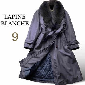 高級 LAPINE ラピーヌ シルク100% フォックスファー襟 ベルト付き ロングコート ライナー付き 2way 毛皮 絹9号Mサイズ 紫ニュアンスグレー