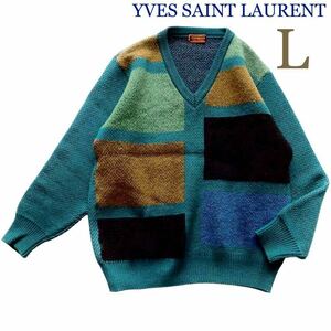 YVES SAINT LAURENT イヴサンローラン ヴィンテージ メンズ ニット セーター ブロック柄 Lサイズ ビンテージ ウール グリーンブルー 