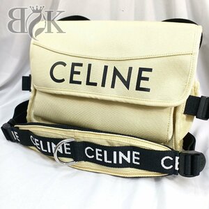 セリーヌ スモールトレッキング メッセンジャー キャンバス ショルダーバッグ ライトイエロー系 鞄 斜め掛け フラップ CELINE 中古 ★