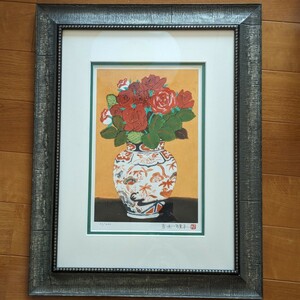 【版画】　青木乃里子　ジークレー　『薔薇』　60/200　●　画寸：30×20cm 美術品 額装 絵画