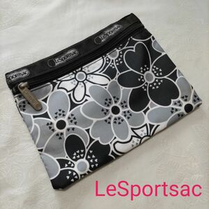 LeSportsac　レスポートサック　ポーチ　花柄　黒・グレー・白　　【汚れあり】