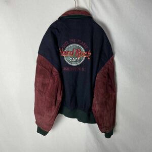 Hard Rock CAFE スタジアムジャンパー 袖レザー　古着　XLサイズ　ネイビー×レッド　ヴィンテージ 中綿入り