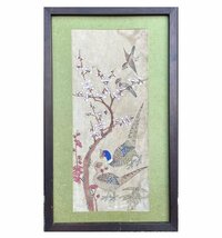 【YB】朝鮮絵画 李朝民画 『雉と鶯と老梅(紅梅白梅)』 紙本 彩色 額装_画像5