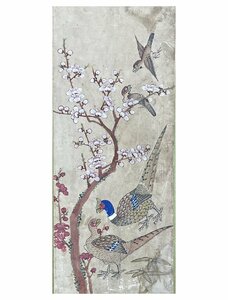 【YB】朝鮮絵画 李朝民画 『雉と鶯と老梅(紅梅白梅)』 紙本 彩色 額装
