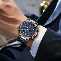 腕時計 メンズ クォーツ 1個 男性 ブルー ステンレス鋼 ストラップ ファッショナブル 耐水 丸い ボックス付き , 用 友達の_画像4