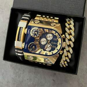 腕時計 メンズ セット メンズ腕時計 マルチ機能防水 クオーツムーブメント合金製ベルト 大型文字盤 豪華なゴールドトーン合金製ブレ