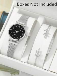 腕時計 レディース セット 1個 女性 シルバー 亜鉛合金 ストラップ ファッショナブル 丸い ダイヤルクォーツウォッチ & 1個
