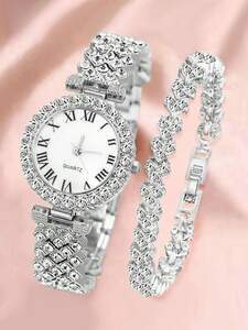 腕時計 レディース セット 1個 女性 シルバー ステンレス鋼 ストラップ グラマラス ラインストーンデコレーション ローマ数字