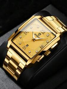 腕時計 メンズ クォーツ メンズ 時計 ゴールド ストラップ ラインストーン 四角形 ダイヤル カレンダー ポインター クォーツウ