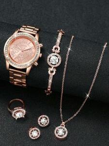 腕時計 レディース セット 1 個女性ローズゴールド亜鉛合金ストラップグラマラスラインストーン装飾ラウンドダイヤルクォーツ時計 &