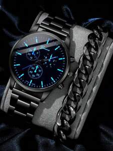 腕時計 メンズ セット 1個 ブラック 亜鉛合金 ストラップ ファッション 日付 ラウンド ダイヤルクォーツウォッチ & 1個 チ