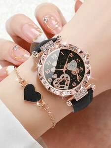 腕時計 レディース セット レザーベルトの腕時計 スターリースカイ ハート型文字盤 ラインストーン装飾付き マッチングブレスレット