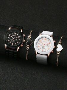 腕時計 レディース セット カップルラウンドポインタークォーツ時計 2 個 & ブレスレット 2 個