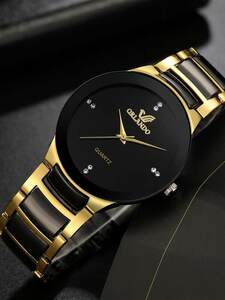 腕時計 メンズ クォーツ 1 個の男性ツートーン亜鉛合金ストラップビジネスラインストーン装飾ラウンドダイヤルクォーツ時計、日常生活