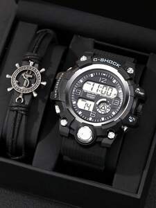 腕時計 メンズ セット 1個 ブラック ストラップ スポーティ ラウンド ダイヤル デジタルウォッチ & 1個 ブレスレット ,