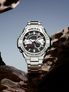 腕時計 メンズ デジタル 1個 メンズ ステンレス鋼 腕時計バンド 合金 ダブル ディスプレイ 防水 ビジネス スポーツ 時計