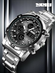 腕時計 メンズ デジタル 1個 男性 シルバー ステンレス鋼 ストラップ ファッショナブル 耐水 丸い ダイヤル , 日常の装飾用