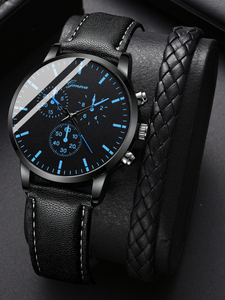 腕時計 メンズ セット 1個 ブラック ライチ模様エンボス ポリウレタンストラップ ビジネス ラウンド ダイヤルクォーツウォッチ