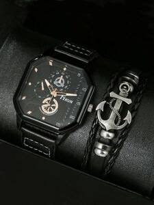 腕時計 メンズ セット 1個 ブラック ポリウレタンストラップ ファッショナブル 幾何学的 ダイヤルクォーツウォッチ & 1個