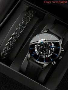 腕時計 レディース セット 1個 ブラック ポリウレタンストラップ カジュアル ラウンド ダイヤルクォーツウォッチ & 1個 亜