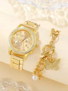 腕時計 レディース セット 1ピース女性ゴールドステンレススチールストラップ華やかな蝶パターンラインストーン装飾ラウンドダイヤルク