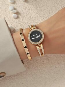 腕時計 レディース セット レディースファッションゴールド電子時計 水晶デコレーション付き、日常着用に最適なラブブレスレットギフト