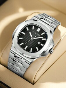 腕時計 メンズ クォーツ 1個 メンズ ビジネス カレンダー腕時計、ステンレス鋼ストラップ、薄型モデル、ナイトライト、クォーツムー