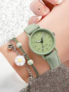 腕時計 レディース セット 女性用 レザー ストラップ クォーツ時計、小さなダイヤル & スケール + ブレスレット セット (