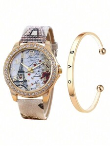 腕時計 レディース セット ロマンチックな女性用腕時計エッフェル塔と愛をテーマにしたクォーツ腕時計とラブリー ハート チャーム ブ