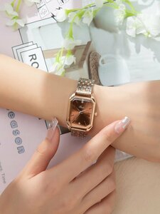 腕時計 レディース クォーツ 1個 女性 ツートーン ステンレス鋼 ストラップ グラマラス ラインストーンデコレーション 四角形