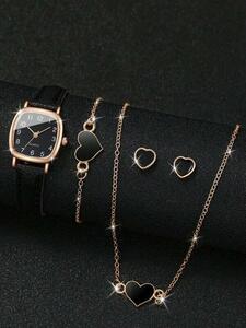 腕時計 レディース セット 1個 ブラック ポリウレタンストラップ ファッショナブル 四角形 ダイヤルクォーツウォッチ & 4個