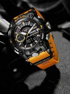 腕時計 メンズ デジタル 1 ファッショナブルなオレンジアウトドアスポーツ 50 メートル防水アラームストップウォッチ多機能ナイ