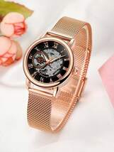 腕時計 レディース 機械式 1個の女性用ファッショナブルなローズゴールド機械式時計、夜光針と超薄型メッシュステンレススチールストラ_画像4