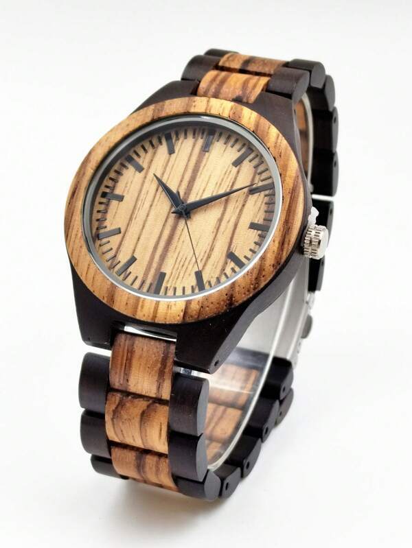 Watch Men's Quartz Men's Watch Handmade Zebrawood and Ebony Wood 45 Case Brown Analog Dial Adjustable Strap, mens watches, Analog (quartz type), others