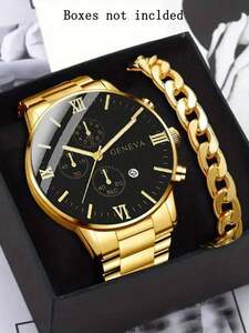 腕時計 メンズ セット メンズファッション 腕時計 クォーツムーブメント ステンレス製 1個+ゴールドトーンステンレス製バングル