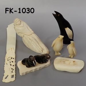 FK-1030◆クジラ歯　他　彫刻置物まとめて・ペンギン　セイウチ？現状品　いたみあり