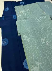 Art Auction 花とら●リサイクル着物 小紋 2枚まとめて リメイク 素材 紺 葉 ろうけつ染 薄灰緑 花 手描き風 着用可能 リメイク 231203, 女性和服, 着物, 小紋, 仕立て上がり