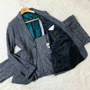 ザラ　ZARA　スーツ　セットアップ　テーラードジャケット　L　ネイビー　チェック　コットン　綿　サイドベンツ　ストレッチ