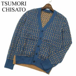 TSUMORI CHISATO ツモリチサト 【猫 りんご 総柄】 ウール100％★ ニット カーディガン Sz.2　メンズ 青 日本製　A3T14109_B#N